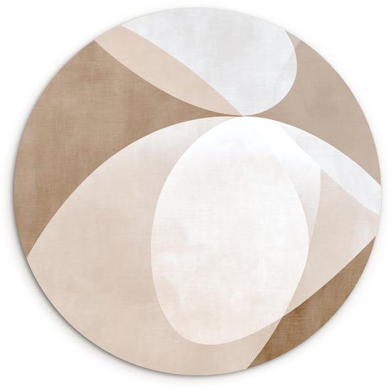 Ronde wandcirkel met zachte, overlappende ovale vormen in beige en wit.