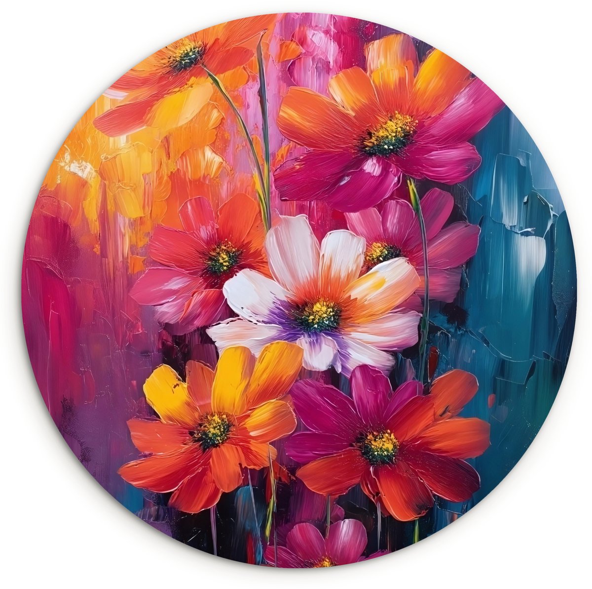 WallCircle Wandcirkel 150x150 cm - Muurcirkel Felle bloemen - Dynamisch - Levendig - Muurdecoratie woonkamer - Wanddecoratie slaapkamer - Kamer decoratie accessoires - Ronde schilderijen