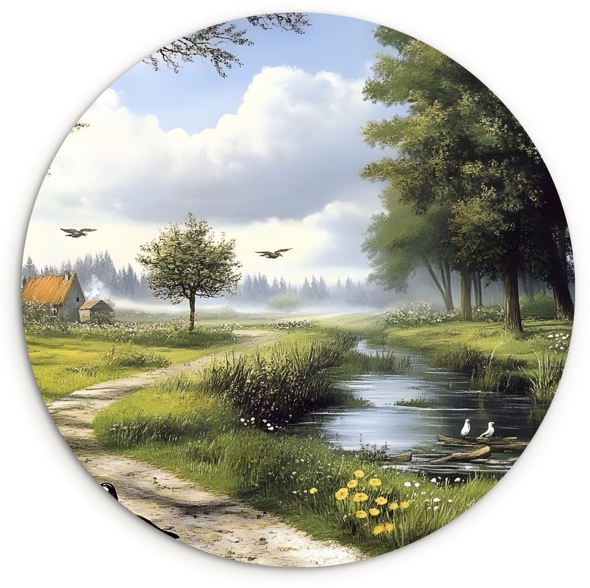 WallCircle Wandcirkel 30x30 cm - Muurcirkel Zandpad - Groen landschap - Water - Muurdecoratie woonkamer - Wanddecoratie slaapkamer - Kamer decoratie accessoires - Ronde schilderijen Zandpad - Water