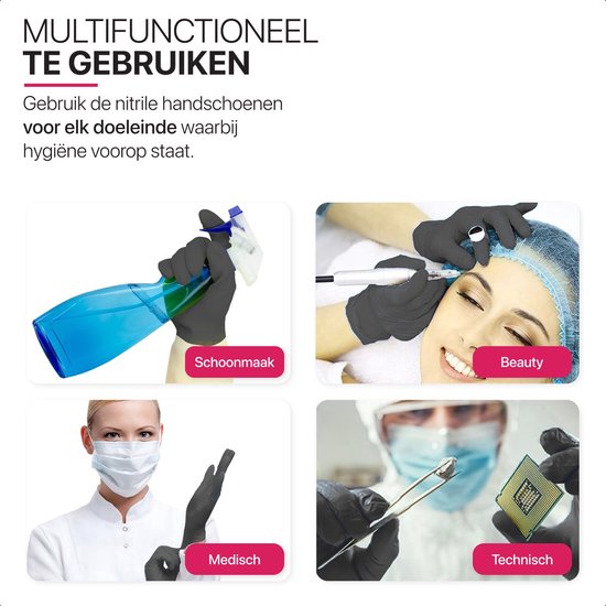 Vier panelen die multifuctioneel gebruik tonen: schoonmaak, beauty, medisch en technisch met zwarte nitril handschoenen.