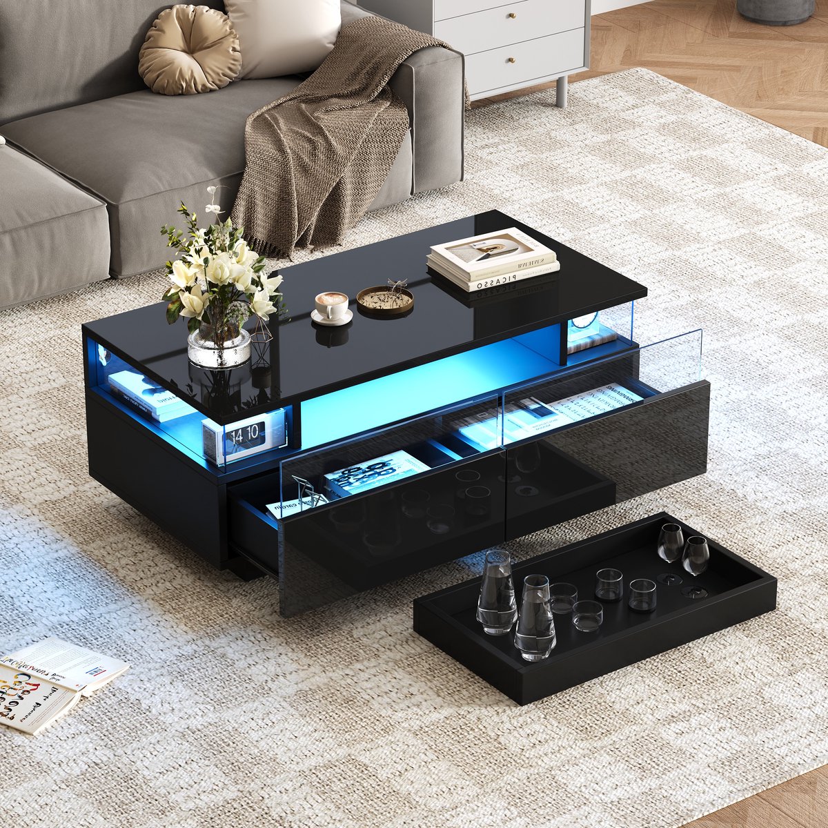 SINGULARITY Salontafel-90 * 45 * 35,5 cm-Met Dienblad-Hoogglans-2 Laden-Glazen Steun-LED Verlichting-Zwart