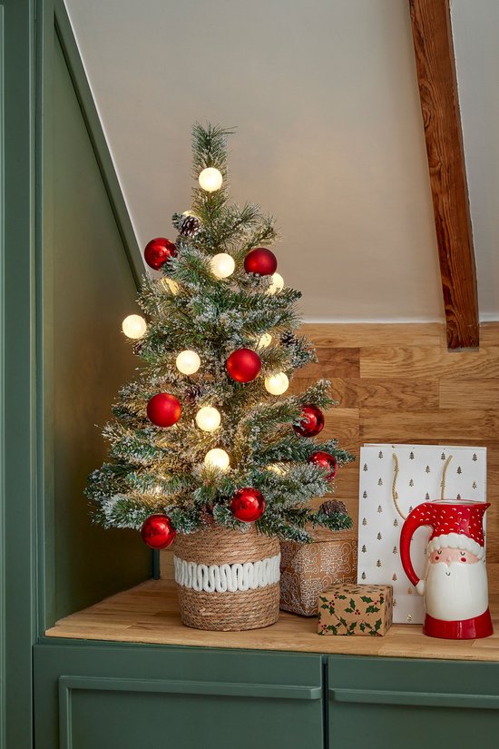 Petit Sapin De Noël Artificiel Enneigé 40 Cm - Décoré Boules Rouges Et Blanches - Dans Un Pot Rouge - Décoration Prête à Poser