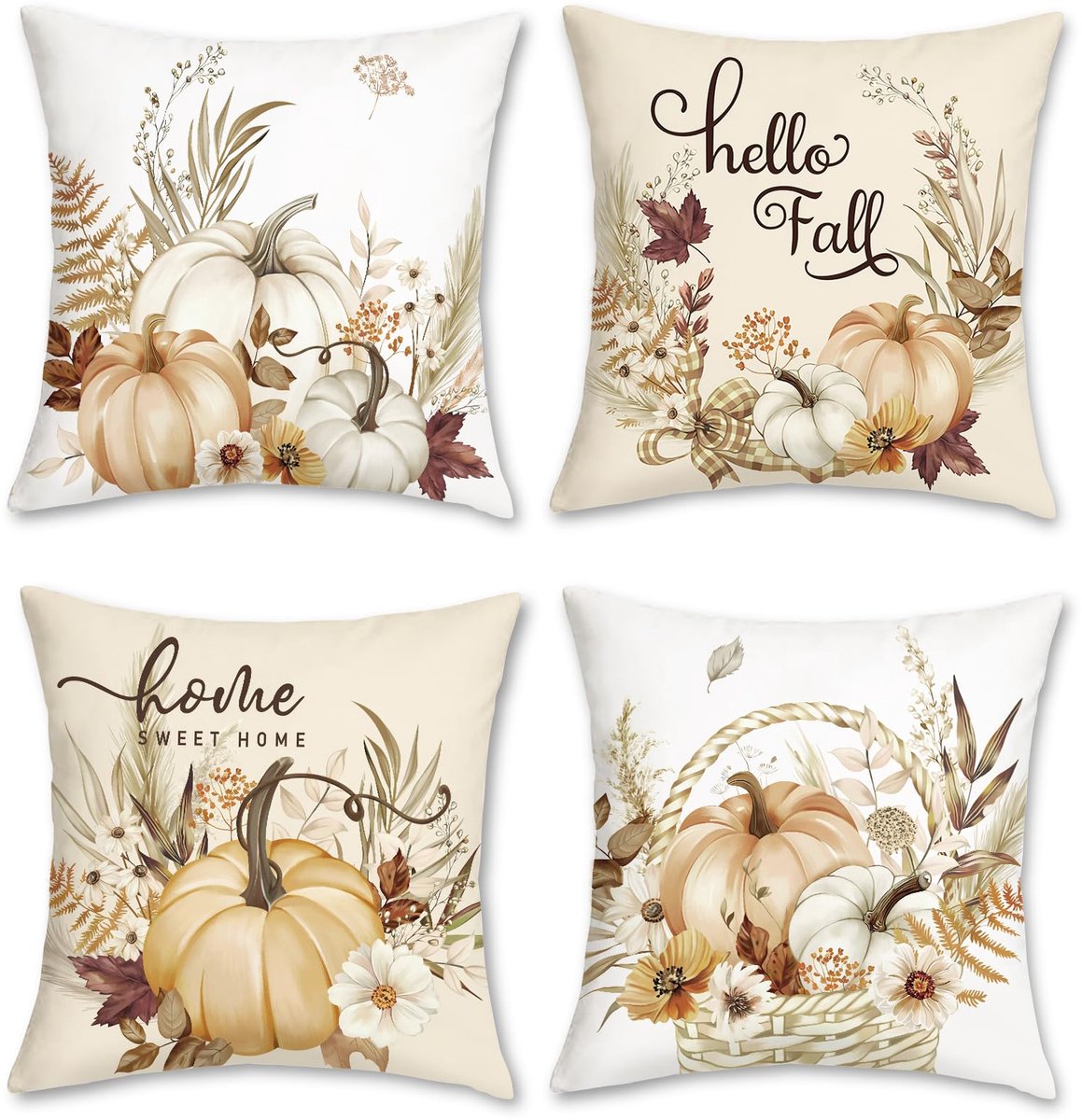 Ibenzoa Kussenhoezen Set van 4 - Herfst Pompoenontwerp in Beige en Oranje voor Huisdecoratie