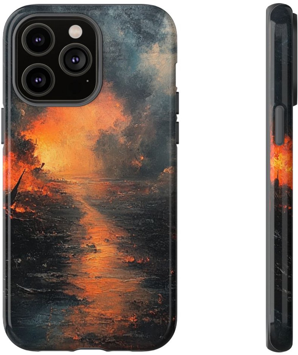 Vurige Oorlogslandschap met Rook – Telefoonhoesje Geschikt voor iPhone 14 Pro Max