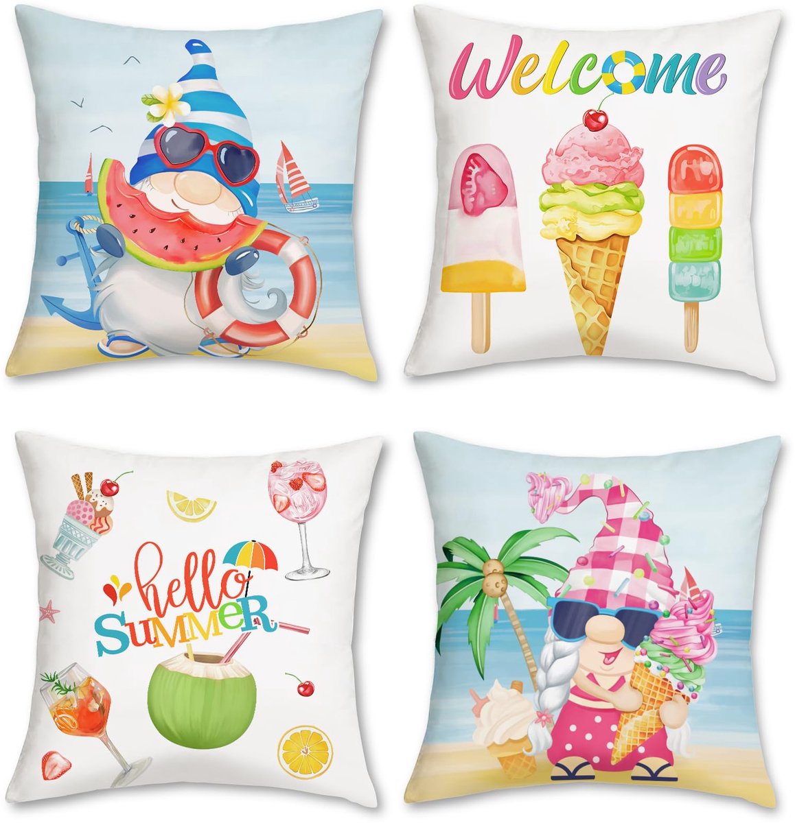 Ibenzoa Set van 4 decoratieve kussenslopen met zomerse GNOME print voor woonkamer, bank en woondecoratie wit