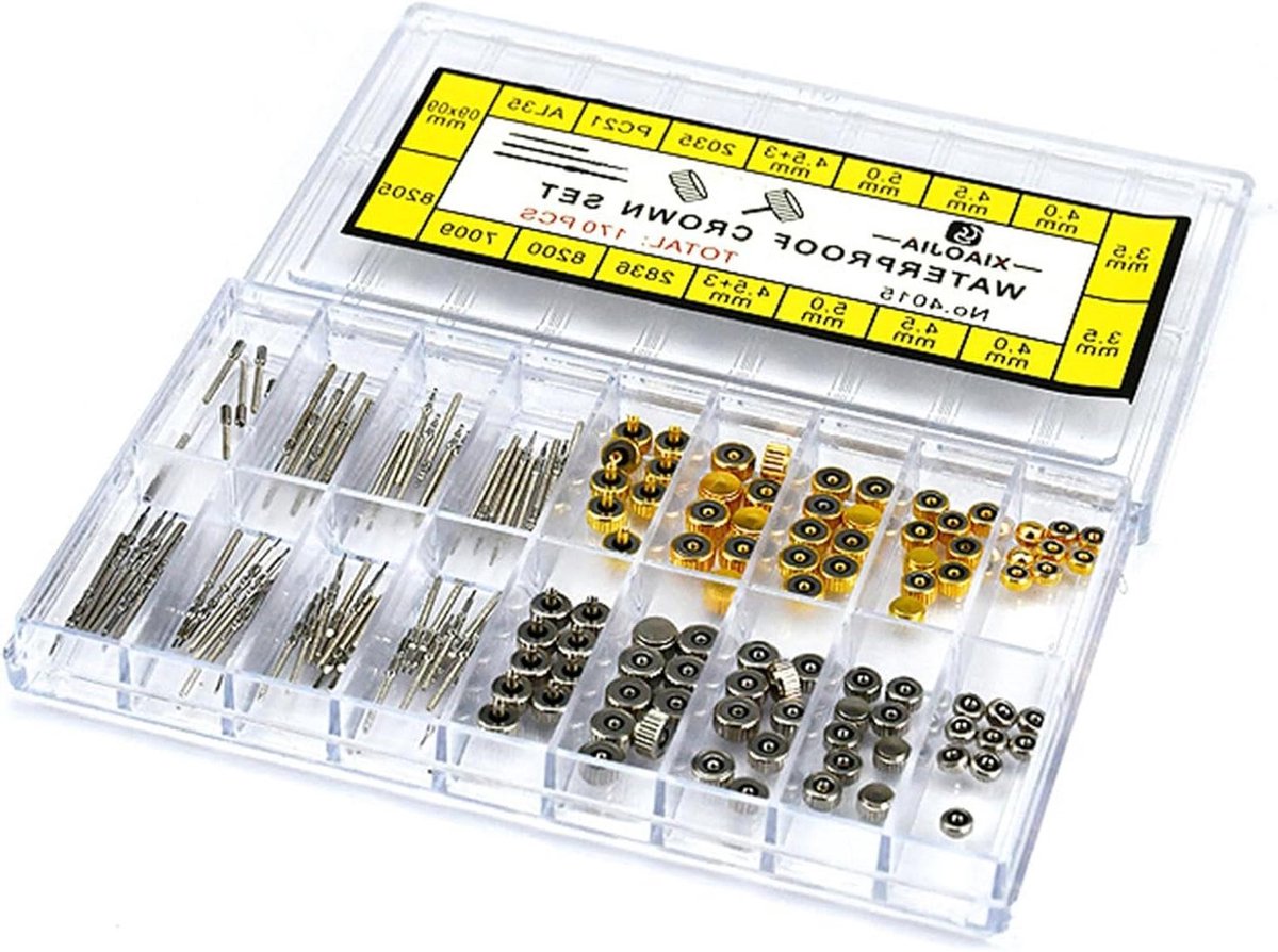 Allecto Premium - Horloge Reparatie Kit voor Kroon en Steel Vervanging - Reserveonderdelen inclusief Doos - Meerkleurig - L - Horloge Kroon Onderdelen - Horloge Steel Extender