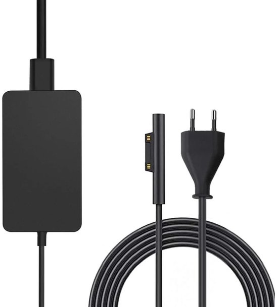 Zwarte AC-adapter met opgerolde kabel, magnetische Surface-connector en Europese stekker.