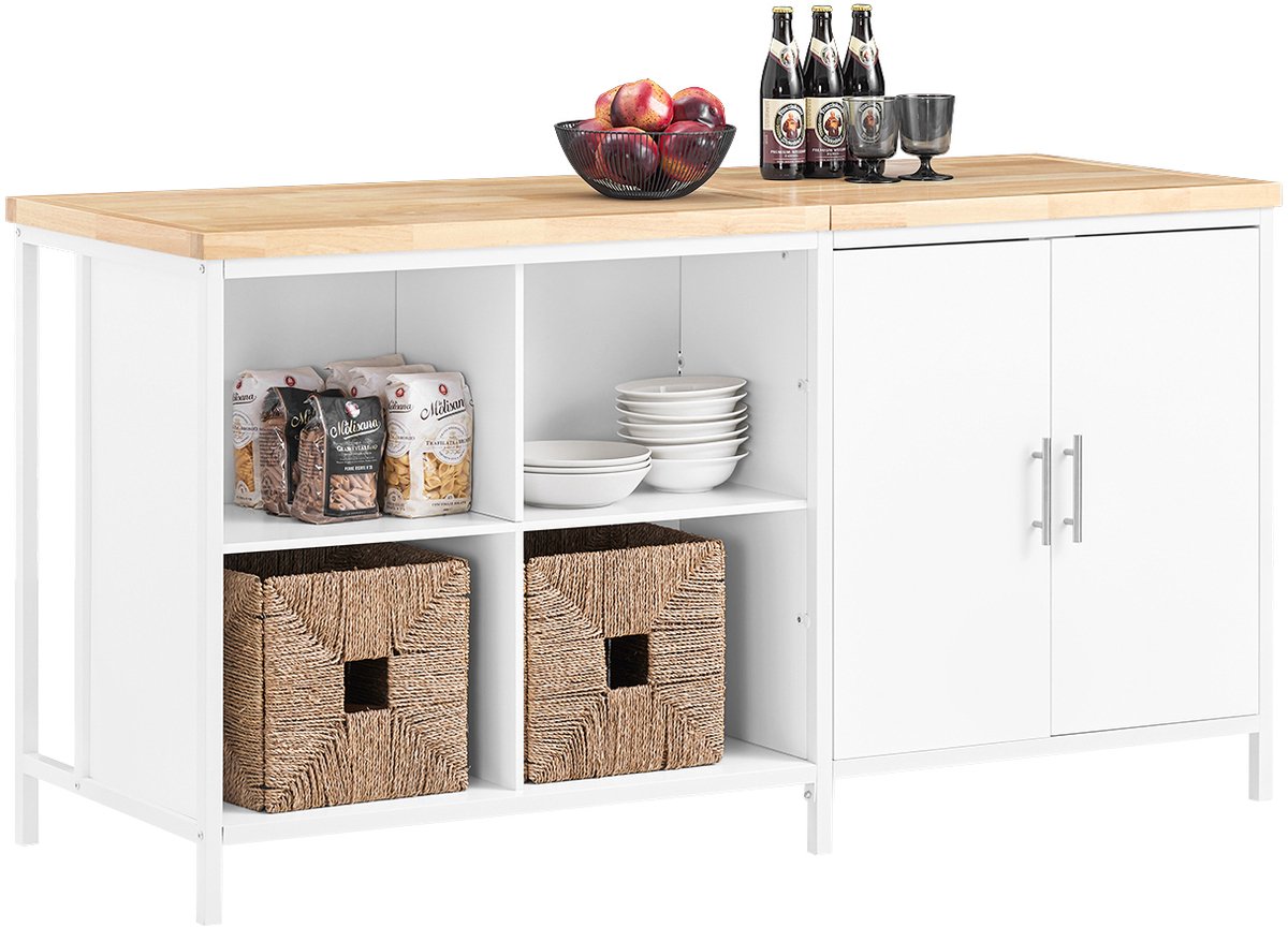 SoBuy KNL09-WN Kookeiland - Wit Houtcomposiet met Bar & Wielen Wit|Naturel