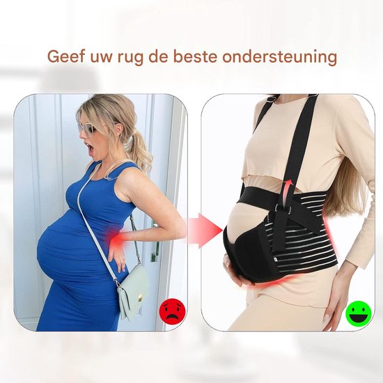 Een zwangere vrouw met rugpijn (links) en dezelfde vrouw die een zwarte zwangerschapsband draagt voor verlichting (rechts).