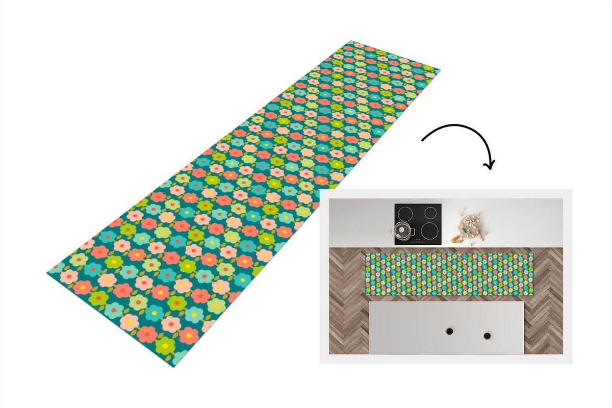 KitchenYeah Keukenloper 200x50 cm - Keukenmat vinyl Patroon - Bloemen - Retro - Jaren 70 - Keukenmatten loper - Keuken vloerkleed tapijt