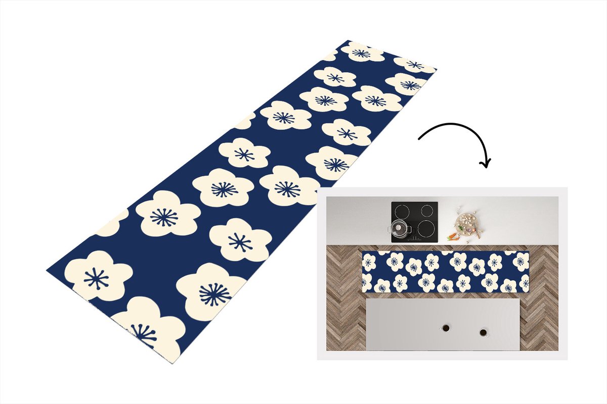 KitchenYeah Keukenloper 200x50 cm - Keukenmat vinyl Sakura - Wit - Patroon - Japan - Keukenmatten loper - Keuken vloerkleed tapijt