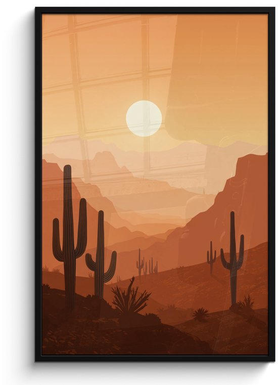 Affiche encadrée - Cadre photo 80x120 cm - Posters - Paysage - Désert - Cactus - Soleil - Cadre poster noir - Décoration - Décoration murale salon - Décoration murale chambre