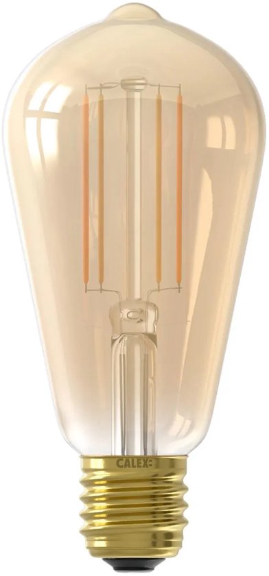 Gouden retro ledlamp met zichtbare filamenten en E27 fitting.