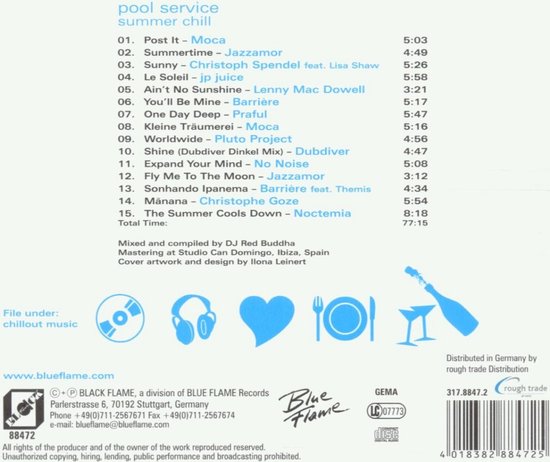 CD-hoes met tracklist, artwork en contactgegevens van "Pool Service Summer Chill".