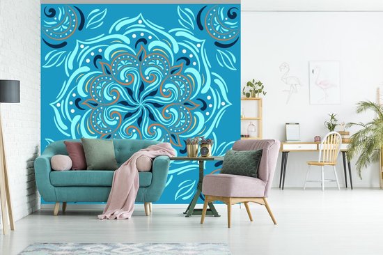 Motif carré avec un mandala détaillé sur fond bleu 260x260 cm