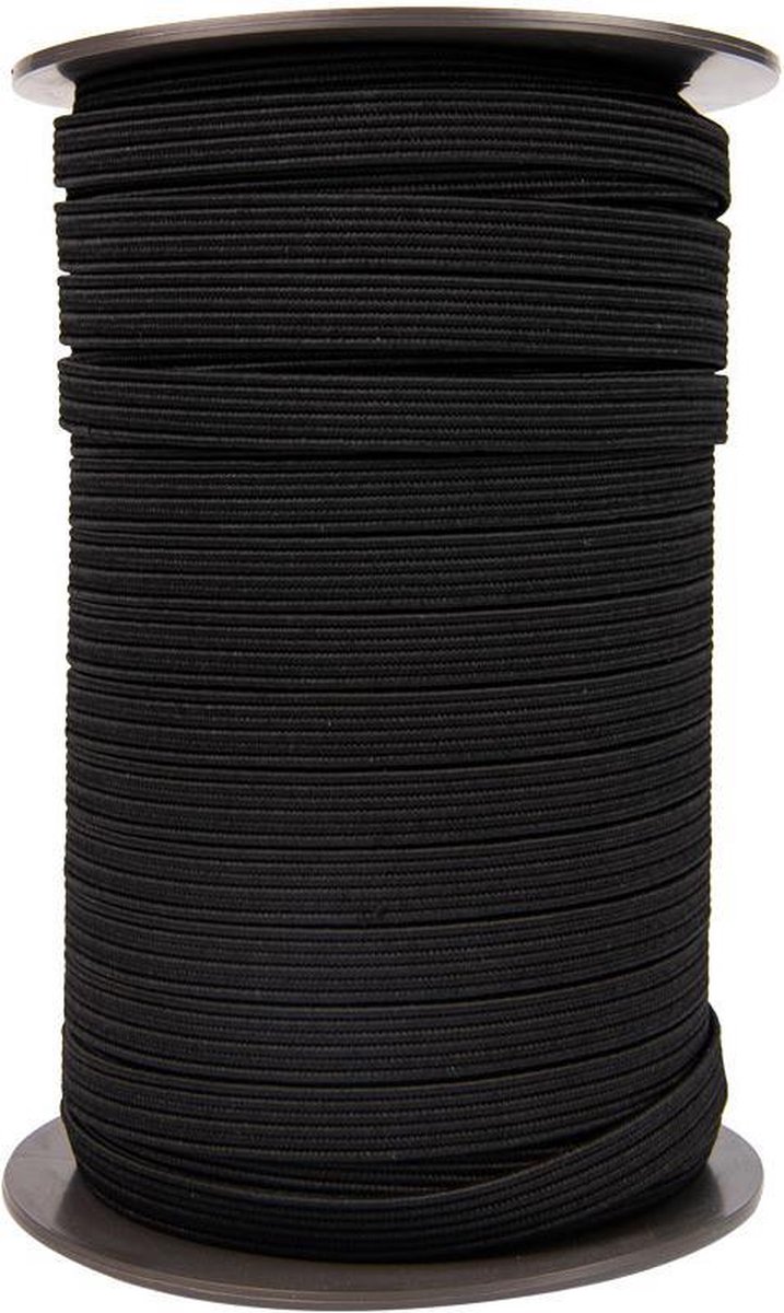 Afdekzeilwinkel - Elastisch koord 16mm plat zwart op rol - 25 meter