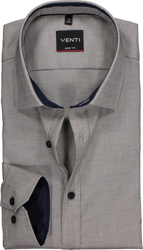 VENTI body fit overhemd - donkerblauw met wit en beige structuur (contrast) - Strijkvriendelijk - Boordmaat: 44