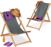 Relaxdays strandstoel hout - set van 2 - ligstoel grijs - verstelbare tuinstoel