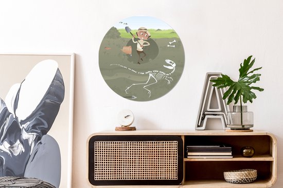 Illustration d'un archéologue en train de fouiller un mur de dinosaure autocollant papier peint cercle 80x80 cm / cercle papier peint / cercle mural / cercle vivant - auto-adhésif et découpe ronde