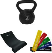 Tunturi - Fitness Set - Kettlebell 2 kg - Fitnessmat 160 x 60 x 0,7 cm - Weerstandsbanden 5 stuks