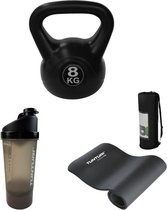 Tunturi - Fitness Set - Kettlebell 8 kg - Fitnessmat 180 x 60 x 1,5 cm - Shakebeker