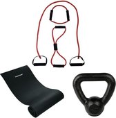 Tunturi - Fitness Set - Kettlebell 4 kg - Fitnessmat 160 x 60 x 0,7 cm - Tubing Set Rood