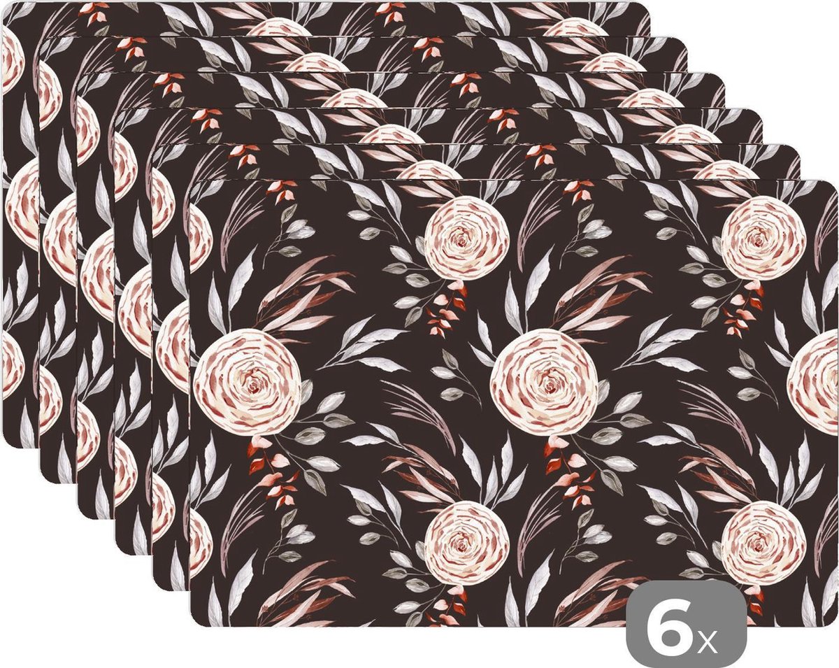 Placemat - Placemats kunststof - Rozen - Natuur - Bruin - 45x30 cm - 6 stuks - Hittebestendig - Anti-Slip - Onderlegger - Afneembaar