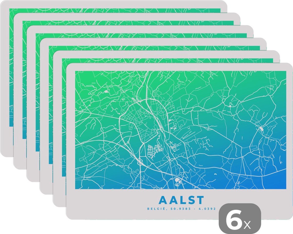 Placemat - Placemats kunststof - Stadskaart - België - Aalst - Blauw - 45x30 cm - 6 stuks - Hittebestendig - Anti-Slip - Onderlegger - Afneembaar