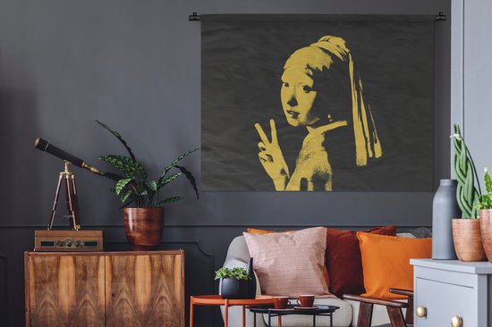 Wandkleed - Wanddoek - Meisje met de parel - Geel - Zwart - 120x90 cm - Wandtapijt