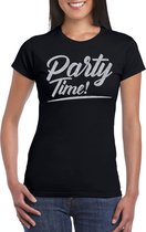 Party time t-shirt zwart met zilveren glitter tekst dames - Glitter en Glamour zilver party kleding shirt S