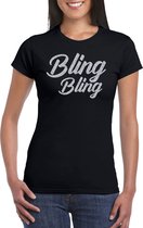 Bling bling t-shirt zwart met zilveren glitter tekst dames - Glitter en Glamour zilver party kleding shirt L