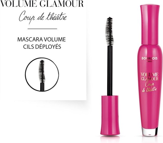 Roze mascara tube en applicator, met 'Volume Glamour Coup de theatre' opdruk.