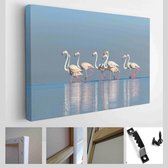 Wilde Afrikaanse vogels. Groepsvogels van roze Afrikaanse flamingo's die op een zonnige dag rond de blauwe lagune lopen - Modern Art Canvas - Horizontaal - 1913618017