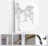 Freehand Contour lijntekening van Thai Boxing op papier met zwarte pen. Mensen Illustraties - Modern Art Canvas - Verticaal - 1206052810