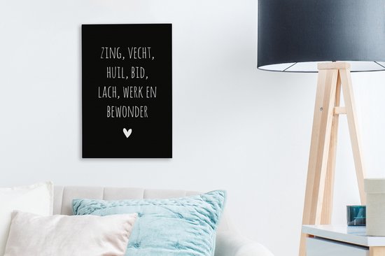 Peintures sur toile - Citations - Citation néerlandaise : « Chantez, combattez, pleurez, priez, riez, travaillez et admirez » sur fond noir - 20x30 cm - Décoration murale