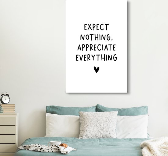 Tableau Peinture sur toile Citation anglaise N'attendez rien, appréciez tout avec un coeur sur fond blanc - 120x180 cm - Décoration murale XXL