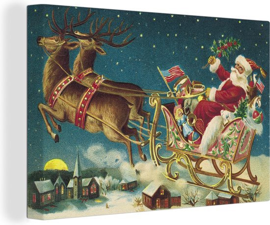 Canvas Schilderij Vintage kerstman met vliegende slee - Wanddecoratie
