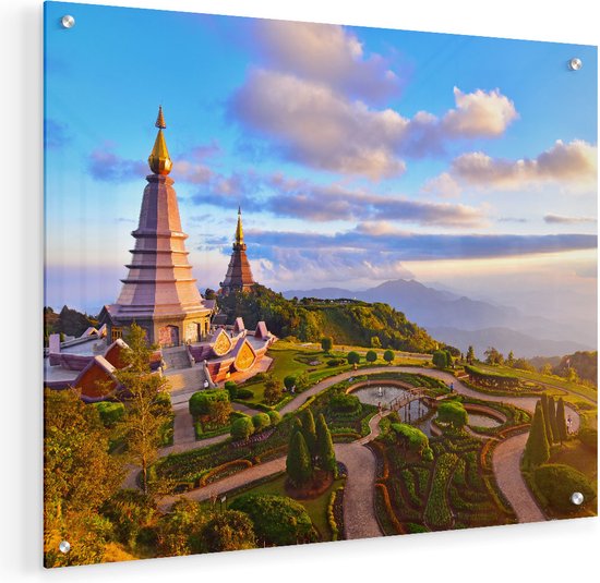 Artaza Glasschilderij - Pagode Tempels in de Inthanon Berg in Thailand - 50x40 - Plexiglas Schilderij - Foto op Glas