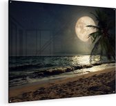 Artaza Glasschilderij - Tropisch Strand In De Nacht Met Volle Maan - 120x90 - Groot - Plexiglas Schilderij - Foto op Glas