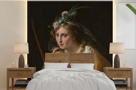 Behang - Fotobehang Een herderin - Schilderij van Paulus Moreelse - Breedte 300 cm x hoogte 300 cm