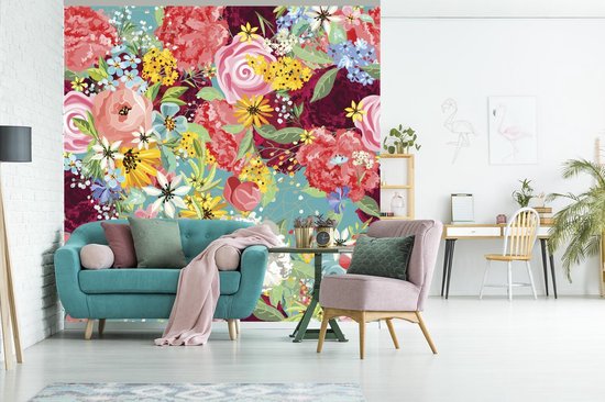 Papier peint photo peint vinyle - Une illustration de design floral coloré largeur 240 cm x hauteur 240 cm - Tirage photo sur papier peint (disponible en 7 tailles)