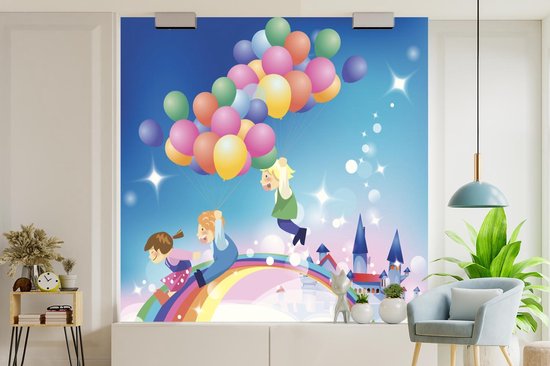Papier peint photo vinyle - Une illustration d'une fille avec des ballons aux couleurs de l'arc-en-ciel largeur 350 cm x hauteur 350 cm - Tirage photo sur papier peint (disponible en 7 tailles)