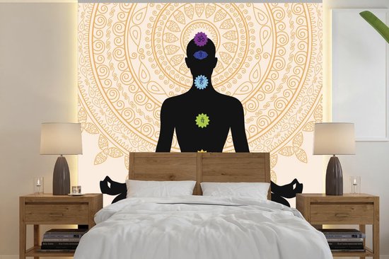 Papier peint photo peint vinyle - Sept chakras sur une silhouette méditante largeur 350 cm x hauteur 350 cm - Tirage photo sur papier peint (disponible en 7 tailles)