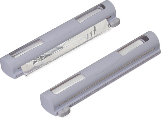 Twee grijze foliehouders naast elkaar, één met aluminiumfolie erin.