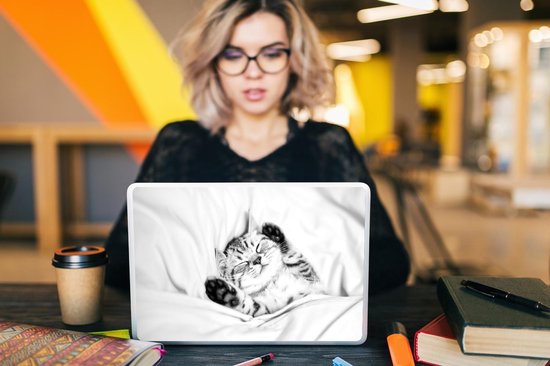 Sticker ordinateur portable - 13,3 pouces - Chaton endormi - noir et blanc