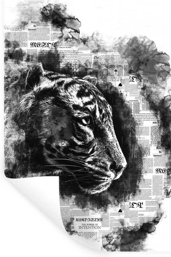 Muurstickers - Sticker Folie - Kop van een tijger op een achtergrond van kranten - zwart wit - 20x30 cm - Plakfolie - Muurstickers Kinderkamer - Zelfklevend Behang - Zelfklevend behangpapier - Stickerfolie