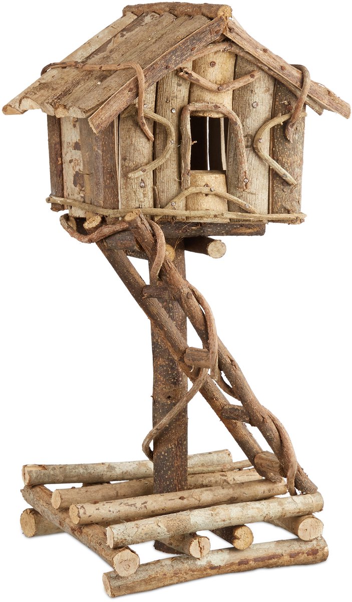 Relaxdays vogelhuisje staand - decoratief vogelvoederhuisje met ladder - handgemaakt hout