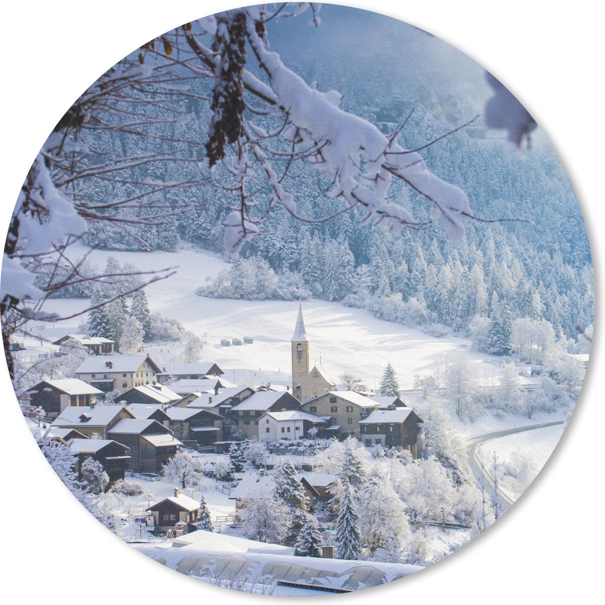 Muismat rond 30x30 cm - Mousepad Alpen - Sneeuw - Dorp - Ronde muismatten