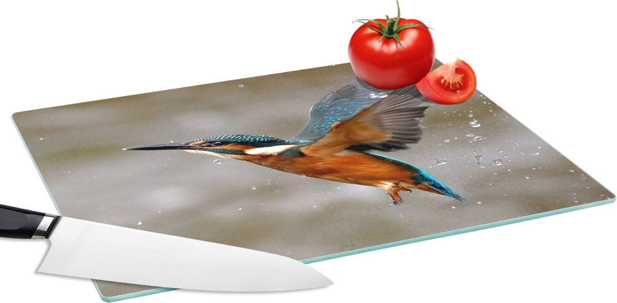 Glazen Snijplank - 39x28 - IJsvogel - water - Vliegen - Snijplanken Glas