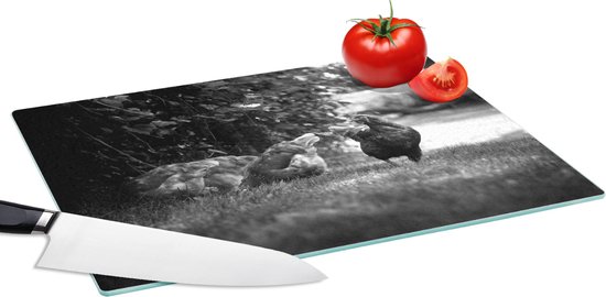 Glazen Snijplank - 39x28 - Kippen op zoek naar voedsel bij heg van